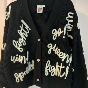 QUEEN OF SPARKLES Black Cardigan with White and Green Accents